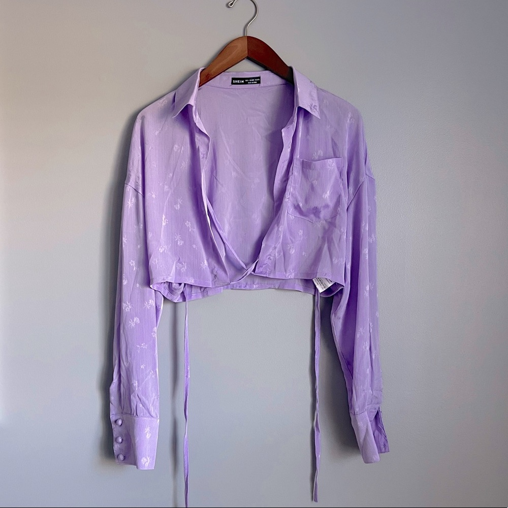 Shein floral purple tie waist crop top, size large